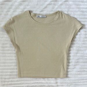 Zara Cream Cap Sleeve Fitted Crop T-Shirt